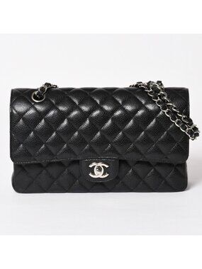 Chanel Quilted 25 Double Flap Chain Shoulder Bag CC Logo Caviar Leather Black